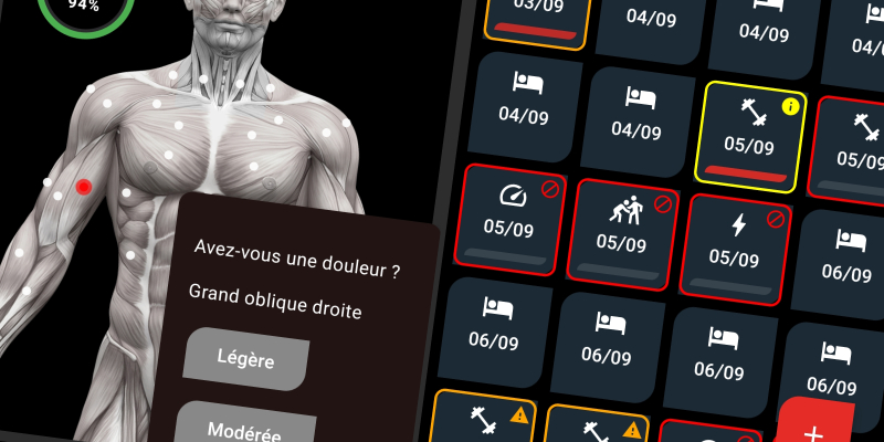 Interface FiTracking - Signalement intelligent des douleurs sur avatar corporel avec adaptation automatique des séances