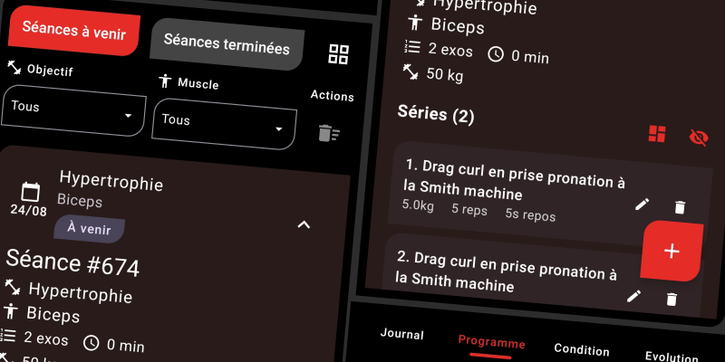 Interface FiTracking - Création d'une séance 100% personnalisée avec exercices, séries et paramètres sur mesure