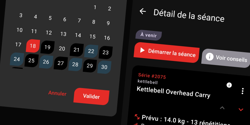 Interface FiTracking - Calendrier et liste des séances avec détails complets