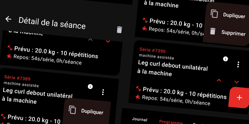 Interface FiTracking - Réorganisation des séries par glisser-déposer pour optimiser l'ordre des exercices