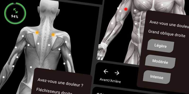 Interface FiTracking - Sélection muscle et niveau de douleur sur avatar corporel