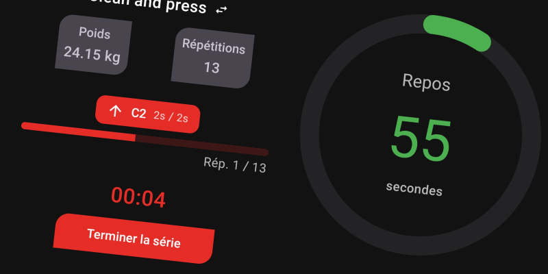 Interface FiTracking - Séance en cours avec tempo visuel et minuteur intelligent